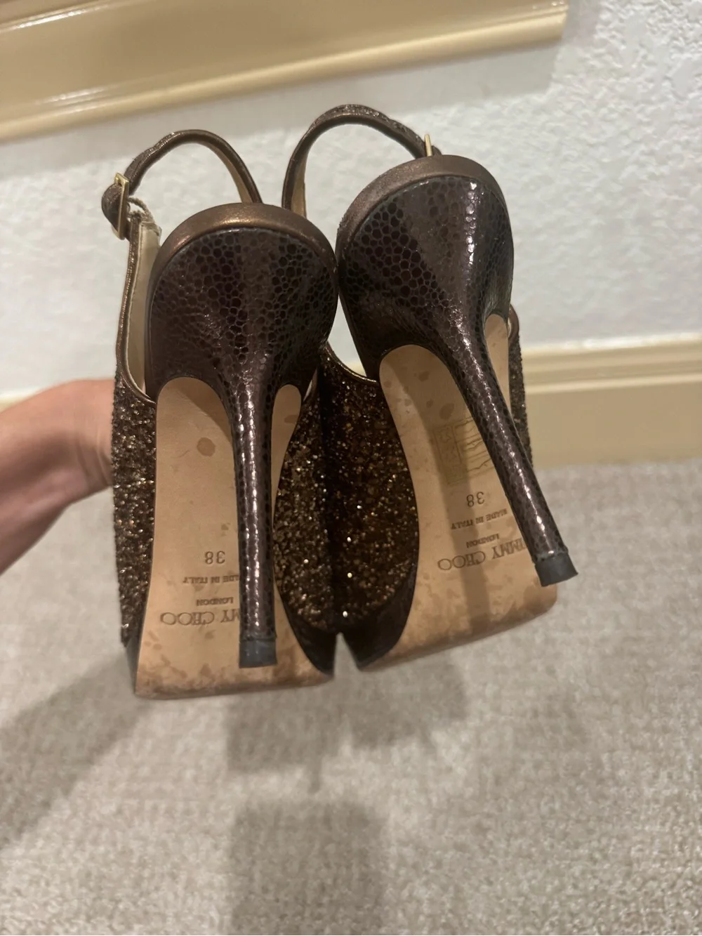 Jimmy Choo Bronze Glitter Peep-Toe Slingback Heels